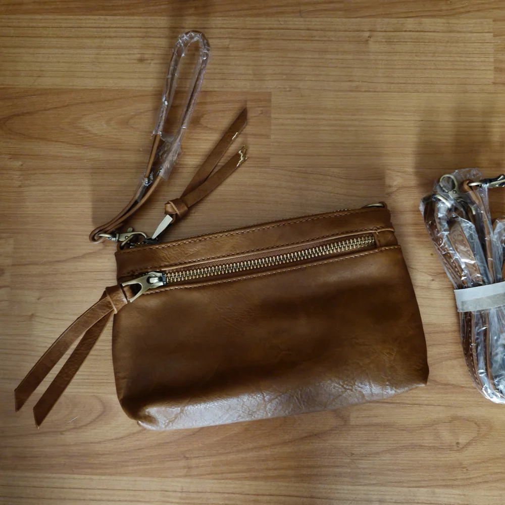 Shiraleah Tan Leather Wristlet and Crossbody with Zipper NEW